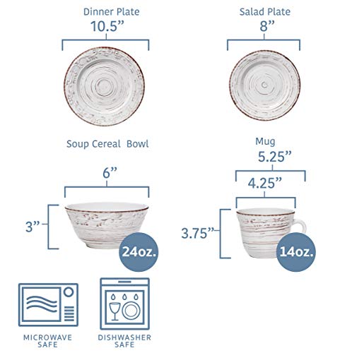 Pfaltzgraff Trellis White 16-Piece Stoneware Dinnerware Set, Service for 4, Distressed White Finish, Microwave & Dishwasher Safe Plates and Bowls