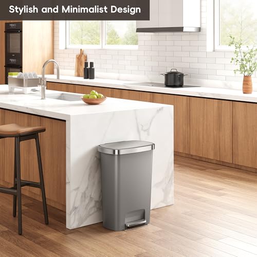 EKO Hana Select 13.2 Gallon / 50L Step Trash Can, Large Plastic Kitchen Trash Can with Stainless Steel Lid, Soft-Close & Stay-Open, Deodorizer Compartment, Wide Steel Pedal Garbage Can for Home, Grey