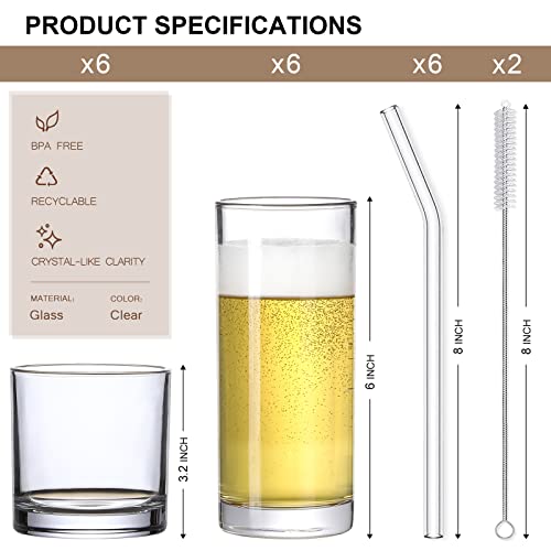 [ 12 Pack ] Glass Cups with Glass Straws, 12oz Highball & Rock Drinking Glasses, Everyday Drinkware Glasses Set, Cute Tumbler Cup, Kitchen Glasses for Iced Coffee, Water, Beer, Cocktail, Whiskey Gift.