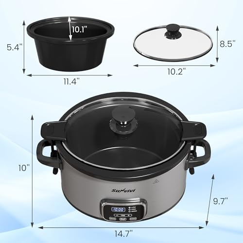 SUNVIVIPRO 4QT Programmable Slow Cooker with Locking Lid, Food Warmer with 3 Heating Settings & Adjustable Timer, Removable Ceramic Pot Dishwasher-Safe, Stainless Steel, Grey