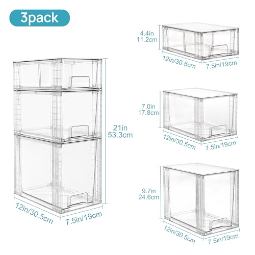 Vtopmart 3 Pack Clear Stackable Storage Drawers,Easy to Assemble Bathroom Organizers and Storage with handles,Plastic Drawers for Kitchen Pantry,Cabinet,Under Sink Organization