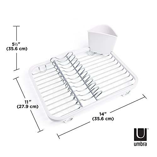 Umbra Sinkin Dish Drying Rack – Drainer Caddy with Removable Cutlery Holder – Use in Sink or On Counter, Standard, White/Nickel