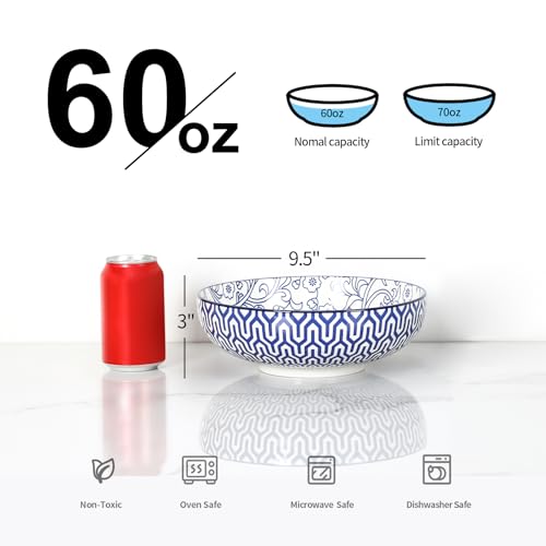 Selamica 9.5" Serving Bowls, 60 OZ Large Salad Bowls Set of 3 for Entertaining Party, Ceramic Bowls for Kitchen, Pasta, Soup, Dinner, Vintage Blue