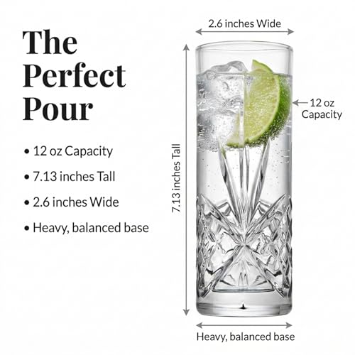 Godinger Tall Beverage Glasses Collins All Purpose Drinking Glasses- Dublin Collection, SET OF 4