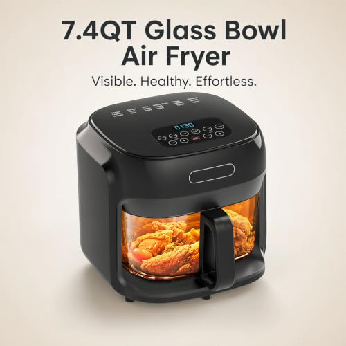 7.4QT Air Fryer with Glass Bowl, Visible Window Lid, Digital Control, 360° Rapid Air Circulation, for Healthy Oil-Free Cooking & Baking, Dishwasher Safe, Nonstick, Easy Clean (Black)