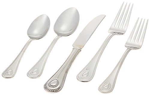 Lenox Silverware Set For 12, French Perle 65-Piece Flatware Set with Serving Utensils, Service For 12, Elegant 18/10 Stainless Steel Utensils with Beading, Knives Spoons & Forks (Silver, 65 Piece)