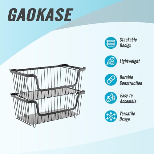 GAOKASE 4 Pcs Stackable Wire Baskets for Pantry Organizers and Storage,Vegetable Fruit Basket for Countertop,Kitchen Storage Metal Baskets,Produce Potato Onion Storage Bin-Black