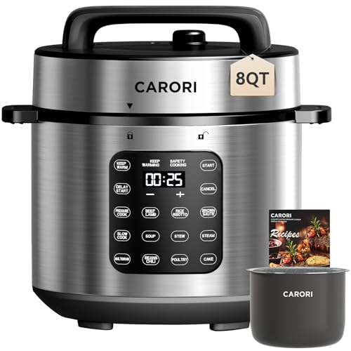 CARORI 9-in-1 Electric Pressure Cooker, 1200W Instant Multi-Cooker with IMD Touchscreen, Olla de Presion, Non-Stick Pot, Rice Cook, Slow Cook, Steamer, Sauté, Warmer, Safe Venting, Silver 8 Qt