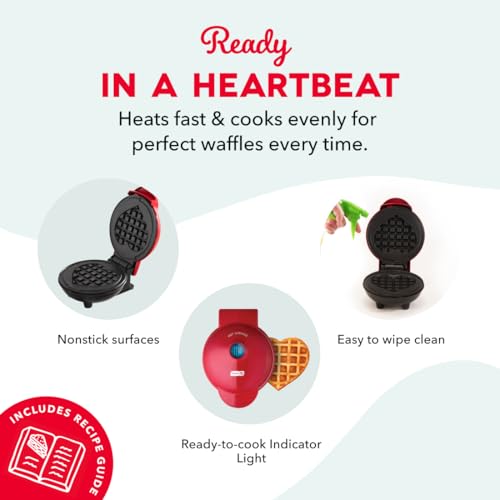 Dash Mini Waffle Maker- Mini Machine for Creative Homemade Treats - Nonstick Iron with Unique Print Design - Stylish Waffle Machine - Red Heart