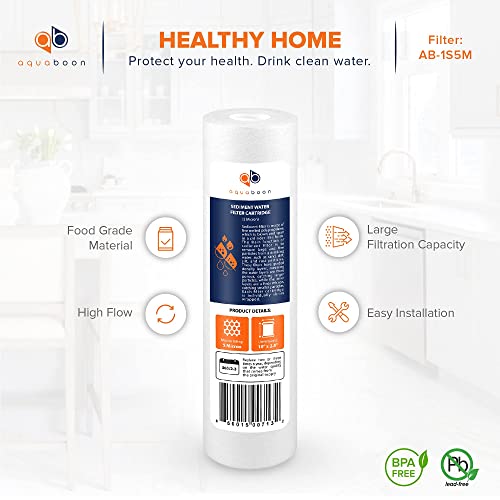 Aquaboon 5 Micron 10 x 2.5 Sediment Filter - Whole House Water Filter Replacement Compatible with Well Water Filters - P5, AP110, WHKF-GD05, 6 Pack