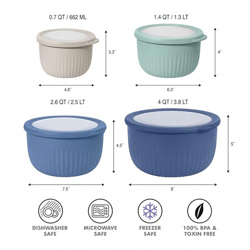 Oggi Set of 4 Prep, Store & Serve Plastic Bowls - w/See-Thru Lids- Dishwasher, Microwave & Freezer Safe, (0.7, 1.4, 2.6, 4 Quarts) - Multicolor