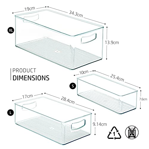 Hudgan 8 PACK Stackable Pantry Organizer Bins (3 Size) - Clear Fridge Organizer for Kitchen, Freezer, Refrigerator, Cabinet - Plastic Storage Container with Handle for Home