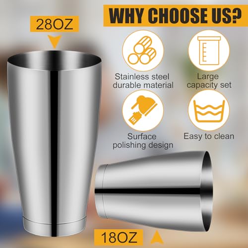 Zhehao 24 Pcs Silver Cocktail Shaker Professional Bar Boston Shaker Set Stainless Steel Martini Shake Drink Mixer Basic Tool Weighted Shake Metal Can Bartending Tins for Beginner, 18oz, 28oz