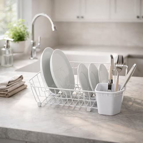 Oggi Compact Dish Drying Rack - White Metal Dish Drainer Rack, Drying Rack Kitchen, Dish Rack, Dish Racks for Kitchen Counter, Durable Coated Metal Kitchen Drying Rack with Cutlery Holder