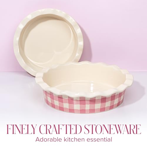 Paris Hilton Ceramic Pie Dish Set, 7-Inch and 9-Inch Stoneware Baking Dishes with Fluted Rim and Gingham Design, Oven Safe up to 450°F, 2-Piece, Pink