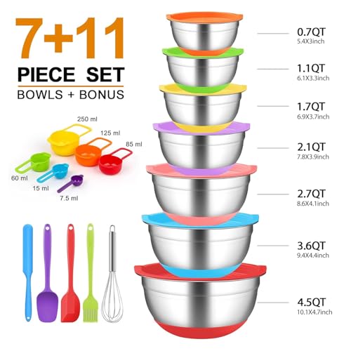CHAREADA Mixing Bowls with Airtight Lids, 18pcs Stainless Steel Nesting Mixing Bowls Set Non-slip Silicone Bottom, Size 4.5, 3.6, 2.7, 2.1, 1.7, 1.1, 0.7 qt, Fit for Mixing & Serving(Colorful)