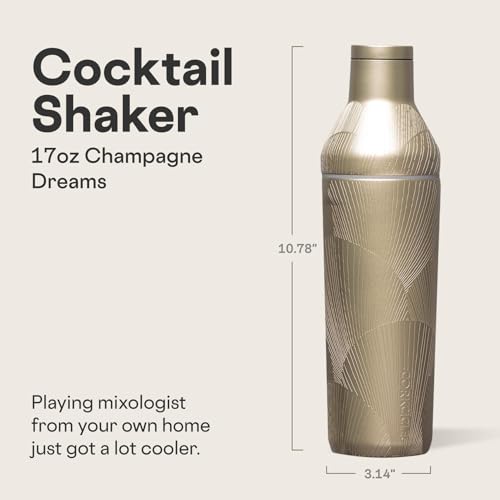 Corkcicle Cocktail Shaker - Triple-Insulated Stainless Steel - Leak-Proof Lid with Built-In Strainer - Non-Slip Bottom - Summer Drinkware Gift - 17 oz - Champagne Dreams