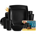 Teivio 16-piece Plastic Wheat Straw Square Dinnerware Set for 4, Unbreakable Dinner Plates, Salad Plates, Snack Bowls, Tumblers 13.5 oz, Dishwasher Safe, Kitchen Outdoor Camping,Black