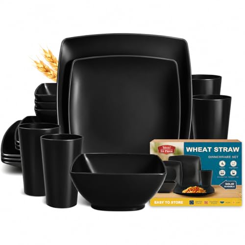 Teivio 16-piece Plastic Wheat Straw Square Dinnerware Set for 4, Unbreakable Dinner Plates, Salad Plates, Snack Bowls, Tumblers 13.5 oz, Dishwasher Safe, Kitchen Outdoor Camping,Black