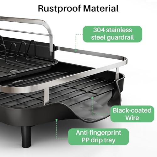 SAYZH Dish Drying Rack - Expandable Dish Rack for Kitchen Counter, Rust-Resistant Dish Drainer with Utensil Holder and Raised Guardrail, Kitchen Organizer for Cup and Bottle (Black)