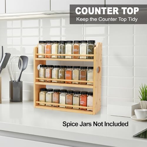 Thalomely 3 Tier Bamboo Spice Rack, Spice Rack Organizer, Seasoning Jars Rack Shelf Spice Organizer for Kitchen Counter or Wall Mounting, Spice Storage Holder with handles, Jars Not Included,Natural