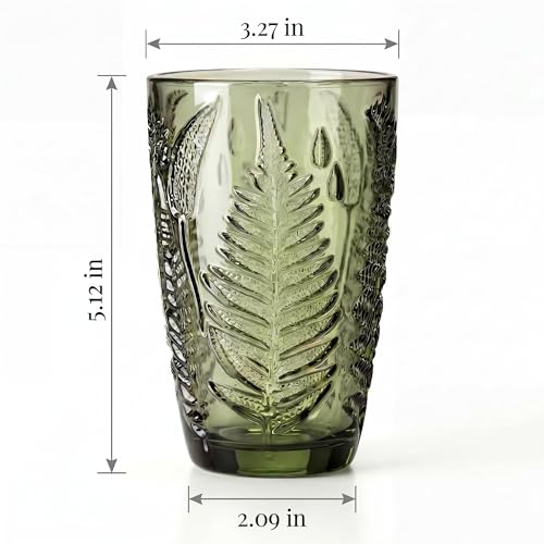 Green Drinking Glasses Set of 4, 12 oz Vintage Hand-Pressed Glass Cups, Fern Textured Highball Tumblers, Antique Style Boho Glassware for Water, Juice, Cocktails & Mocktails, Housewarming Gift Set