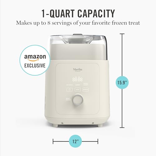 Martha Stewart 1 Quart Ice Cream Maker, Built-In Compressor, No Pre-Freezing Required, 3 Modes (Ice Cream, Sorbet, Frozen Yogurt), Automatic Mix-In Alert, Dishwasher-Safe Parts, Linen Cream