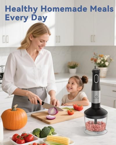 LINKChef 7-in-1 Immersion Blender, 800W Hand Blender with 20 Speeds and Turbo, Scratch-Resistant Guard, 2 Titanium Blades, Whisk, Milk Frother, Food Chopper, Beaker for Soup, Smoothies, Baby Food