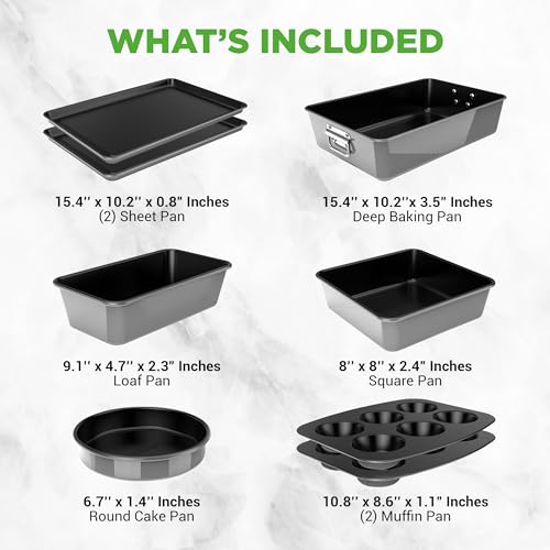 NutriChef 8-Piece Nonstick Stackable Bakeware Set - PFOA, PFOS, PTFE Free Baking Pans Set w/Non-Stick Coating, 450°F Oven Safe, Round Cake, Loaf, Muffin, Wide/Square Pans, Cookie Sheet (Gray)