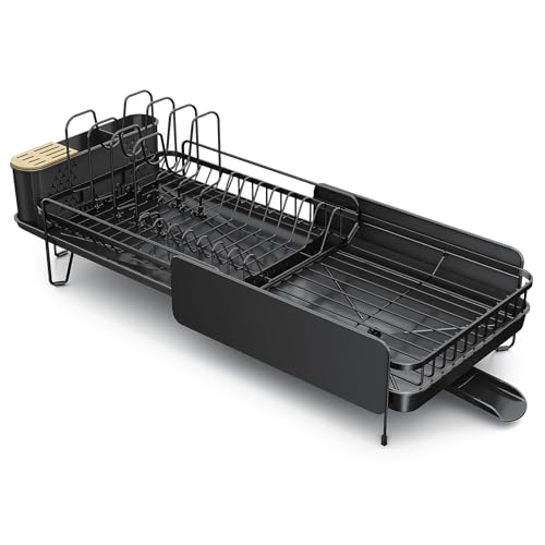 SNTD Large Dish Drying Rack - Expandable (19.3" to 29.4") Dish Rack for Kitchen Counter, Stainless Steel Dish Drainer with Utensil Holder, Pan Holder & Pot Lid Holder (Black)