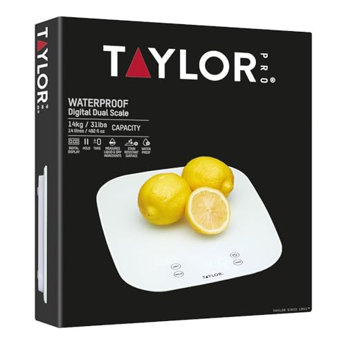 Taylor Pro Digital Kitchen Food Scales, Compact Professional Standard with Precision Accuracy and Waterproof Design with Tare Feature, White Glass, Weighs 14 kg/14 L Capacity