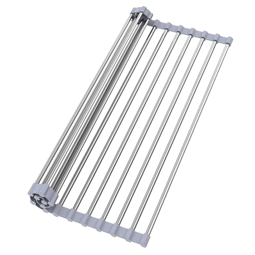 TYZUIAW Roll Up Dish Drying Rack for Over Sink -17.5"x11.8" Foldable Stainless Steel Kitchen Drainer，Gray