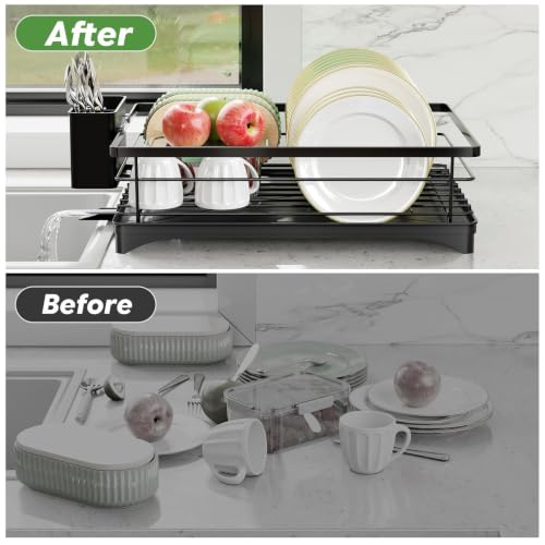 Simple Trending Dish Drying Rack, Space-Saving Dish Rack for Kitchen Counter, Stainless Steel Dish Drainer with Cutlery Holder and Drainboard, 12''W x 17''L, Black