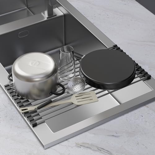 zzsbrm Roll Up Dish Drying Rack, Stainless Kitchen Accessories, Foldable Dish Rack, Anti-Slip Design Sink Counter Storage, Over The Sink Dish Rack, Stainless Steel, (17.5" x 12") Gray