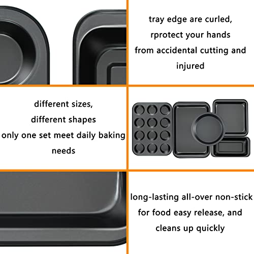 mobzio Kitchen 5-Piece Nonstick Bakeware Set - Round/Square Cake Pans, Muffin Pan, Loaf Pan, Roast Pan & Baking Sheets