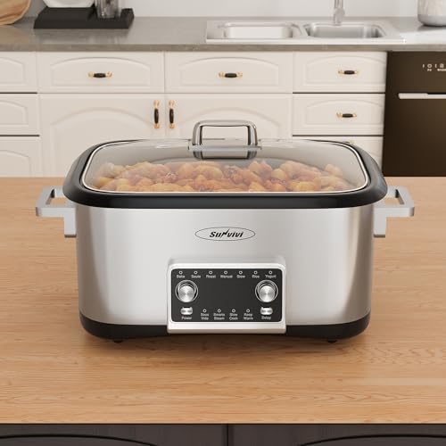 Sunvivi 8 Quart Slow Cooker Roaster Oven, 12 in 1 Programmable Multi-Cooker with Digital Timer, Temp Control, Keep Warm, Removable Non-stick Aluminum Pot & Dishwasher-Safe Glass Lid, Stainless Steel