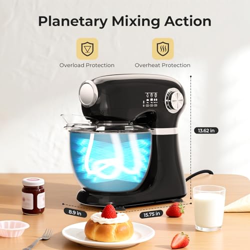 HAVATO Stand Mixer,12 Speed Tilt-Head Electric Mixer With 5.3 Quart Stainless Steel Mixing Bowl,Kitchen Mixer With Egg Whisk, Dough Hook, Beater & Baking Spatula, BLACK