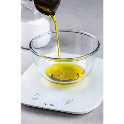 Taylor Pro Digital Kitchen Food Scales, Compact Professional Standard with Precision Accuracy and Waterproof Design with Tare Feature, White Glass, Weighs 14 kg/14 L Capacity