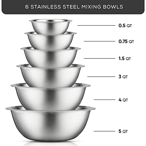 JoyJolt Stainless Steel Mixing Bowl Set - 6 Piece Nesting Bowls, 5qt to 0.5qt, Ideal for Kitchen, Cooking, Baking and Storage