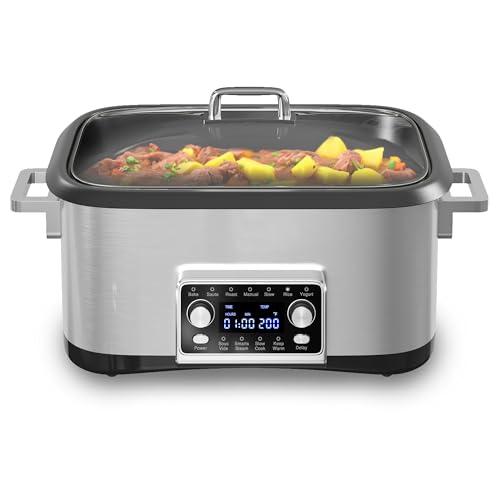 HEYNEMO 12-in-1 Programmable Slow Cooker, 8 Quart Slow Cooker with Timer, Temp Control and Auto Shut Off, Multi Cooker with Steaming Rack, Dishwasher-Safe Visual Glass Lid, Stainless Steel