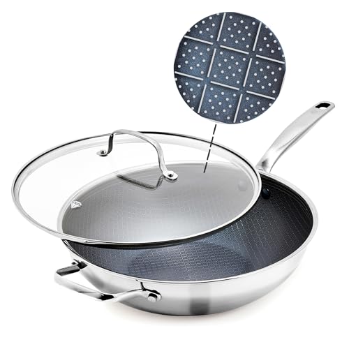 Blue Diamond Hybrid Nonstick Stainless Steel 12” Wok with Lid, PFAS-Free Ceramic Diamond Bond Stir-Fry Pan, Induction