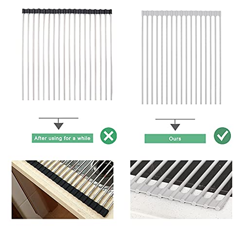Roll Up Dish Drying Rack Over Sink, 17.5" x 13" Silicone Coated Stainless Steel Sink Drying Rack, Foldable Dish Drainer Rack for Kitchen Counter, Heat Resistant, Non-Slip, Space Saving, Gray