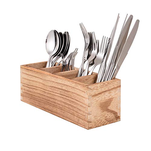 WuGeShop Wood Cutlery Caddy, Kitchen Utensil Organizer with 4 Compartments, Silverware Storage Kitchen Countertop Flatware Organizer