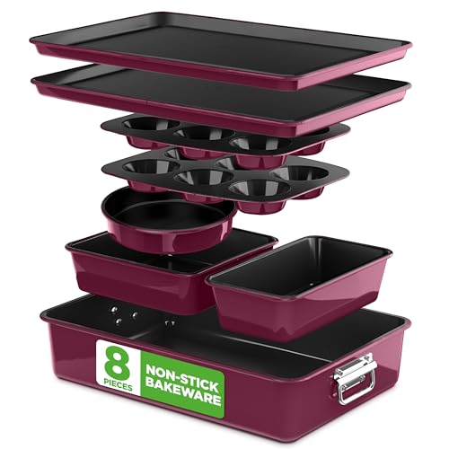 NutriChef 8-Piece Nonstick Stackable Bakeware Set - PFOA, PFOS, PTFE Free Baking Pan Set w/Non-Stick Coating, 450°F Oven Safe, Round Cake, Loaf, Muffin, Wide/Square Pans, Cookie Sheet (Plum)