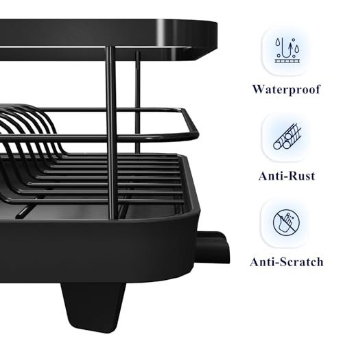 Kitsure Dish Drying Rack for Kitchen Counter, 12.2''W x 15.7''~23''L, Black