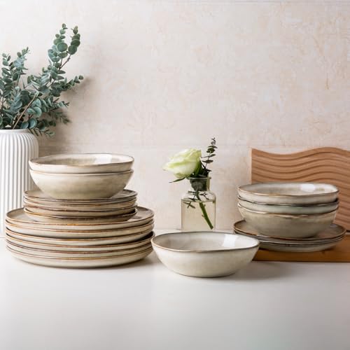 AmorArc Ceramic Dinnerware Sets,Handmade Reactive Glaze Stoneware Plates and Bowls Sets,Highly Scratch Resistant
