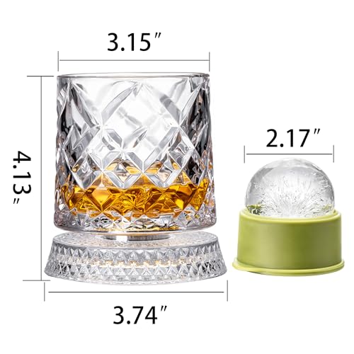 NORIMODA Spinning Whiskey Glasses Set of 4 With Iceball Molds, 9.5oz Lead-free Rotating Old Fashioned Rocks Glasses for Bourbon, Scotch, Liquor and Cocktails, Gifts for Whiskey-lovers