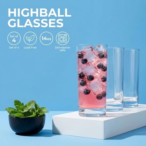 Godinger Highball Drinking Glasses, Italian Made Tall Glass Cups, Water Glasses Drinking Set, Cocktail Glasses - 14oz, Set of 4, Made In Italy