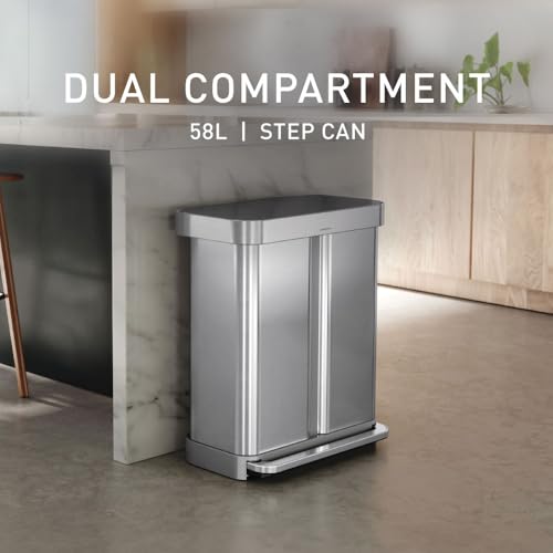 simplehuman Step Recycler, 58L / 15.3 Gallon Dual Compartment Kitchen Trash Can, 150,000-Step Pedal, Lid Shox® Technology, Liner Rim System, Liner Pocket®, Brushed Stainless Steel with Plastic Lid