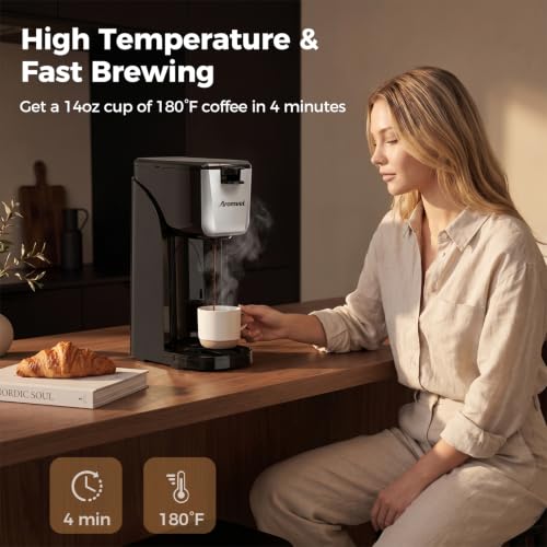 Aromvel 2-in-1 Single Serve Coffee Maker for K Cup Pods & Ground Coffee, 6 to 14 oz Brew Sizes, Compact Small Brewer with Dual Buttons, Adjustable Drip Tray for Travel Mugs, Silver